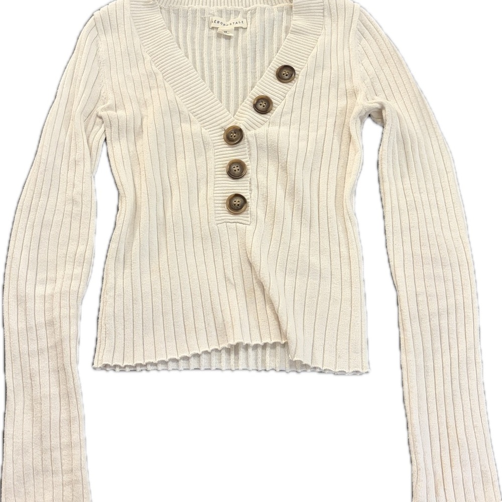 Cream Ribbed V-Neck Button Front Sweater